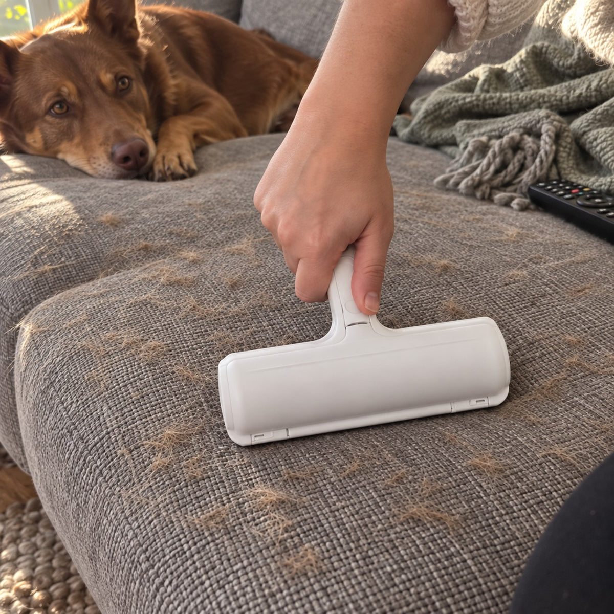 Hand rolling a pet hair roller over dog hair on a grey couch while a kelpie watches