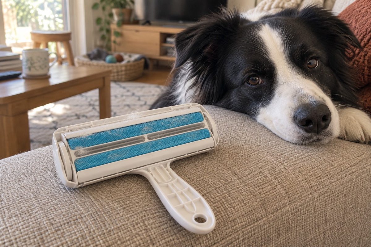 Pet hair roller resting on a couch arm beside a border collie
