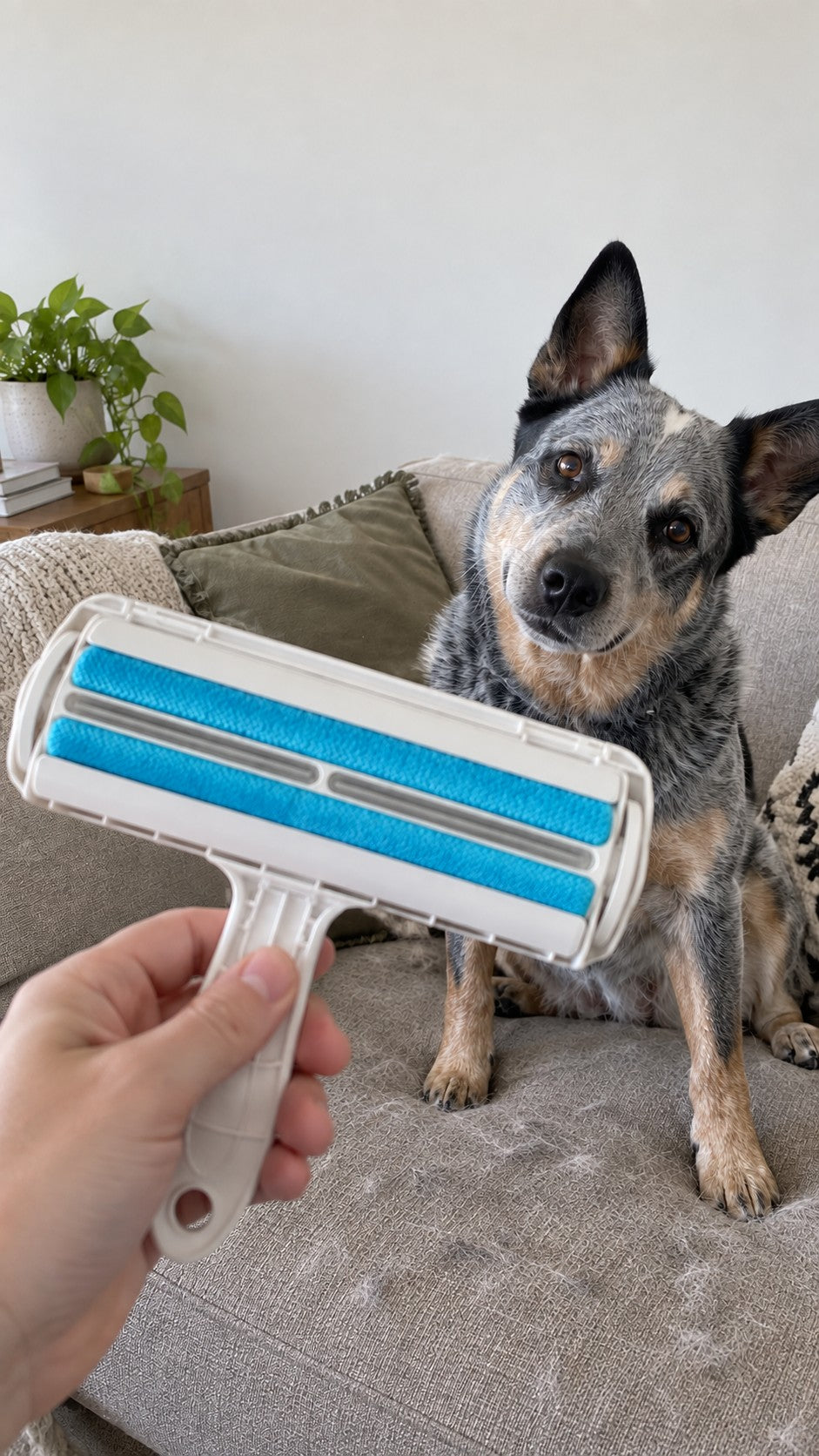 Australian cattle dog on a couch looking at a pet hair roller
