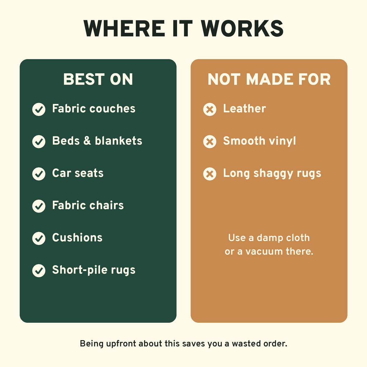 Works on fabric couches, beds, car seats and cushions. Not for leather, vinyl or shaggy rugs
